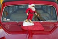 Surfing Santa Clause on a vintage red car hood, California, USA