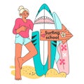 Surfing school. Character in a swimsuit spending time on the beach