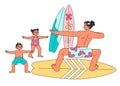 Surfing school. Character in a swimsuit spending time on the beach