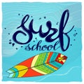 Surfing school logo, emblem or label design template with surf board Royalty Free Stock Photo