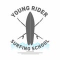 Surfing school logo. Monochrome surfboard with waves and lettering