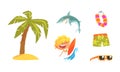 Surfing Set, Summer Vacation Objects, Palm Tree, Shark, Sunglasses, Shorts, Wreath of Flowers Cartoon Vector Royalty Free Stock Photo