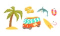 Surfing Set, Summer Vacation Objects, Palm Tree, Van Bus, Shark, Surfboard, Wreath of Flowers Cartoon Vector Royalty Free Stock Photo