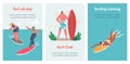 Surfing Sport Cartoon Banners. Surfers Male and Female Characters, Men and Women in Swimwear Riding Surf Boards by Waves