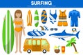 Surfing sport equipment surfer surfboard garment clothing accessory vector icons set