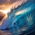 Surfing sport. Surfer on blue ocean wave at sunset. Extreme adventure sport. Generative AI