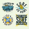 Surfing Style Surf Summer Time Beach Life Hand Lettering Vector Illustrations Set Designs.