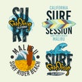 Surfing Style Surf Summer Time Beach Life Hand Lettering Vector Illustrations Set Designs.