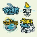 Surfing Style Surf Summer Time Beach Life Hand Lettering Vector Illustrations Set Designs.