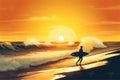 Surfing into the sunset: beautiful surfer girl running on beach at sunset, silhouette Royalty Free Stock Photo