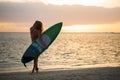 Surfing surfer girl looking at ocean beach sunset. Water sports with model. Royalty Free Stock Photo