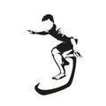 Surfing, surfer with surfboard riding. Isolated vector silhouette. Ink drawing, front view