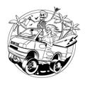 Surfing T-shirt Vector Designs. Surf Van with Crazy Skeleton and Blondie Girl. Vector Illustration.