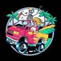 Surfing T-shirt Vector Designs. Surf Van with Crazy Skeleton and Blondie Girl. Vintage Surfing Emblem for web design or