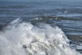 The surfing team in the ocean, big waves, Nazare, Portugal