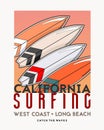 Surfing theme poster design in retro style. Vector illustration