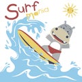 Hippo cartoon playing surfboard in the sea at summer Royalty Free Stock Photo