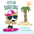 Surfing time with cute little bear at summer. Can be used for t-shirt printing, children wear fashion designs, baby shower