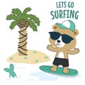 Surfing time with cute little bear at summer. Can be used for t-shirt printing, children wear fashion designs, baby shower