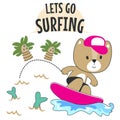 Surfing time with cute little bear at summer. Can be used for t-shirt printing, children wear fashion designs, baby shower