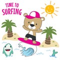 Surfing time with cute little bear at summer. Can be used for t-shirt printing, children wear fashion designs, baby shower