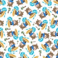 Surfing time with cute little fox at summer. Seamless pattern texture for fabric textile, nursery, baby clothes, background, Royalty Free Stock Photo