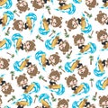 Surfing time with cute little fox at summer. Seamless pattern texture for fabric textile, nursery, baby clothes, background, Royalty Free Stock Photo