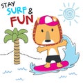 Surfing time with cute little lion at summer. Can be used for t-shirt printing, children wear fashion designs, baby shower