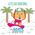 Surfing time with cute little lion at summer. Can be used for t-shirt printing, children wear fashion designs, baby shower