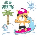 Surfing time with cute little tiger at summer. Can be used for t-shirt printing, children wear fashion designs, baby shower