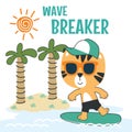 Surfing time with cute little tiger at summer. Can be used for t-shirt printing, children wear fashion designs, baby shower