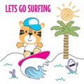 Surfing time with cute little tiger at summer. Can be used for t-shirt printing, children wear fashion designs, baby shower