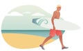 Surfing Time. Young man in swimsuit carrying a surfboard on the beach