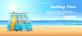 Surfing van on the sandy beach, sea waves and clear sunny day. Surf bus banner design. Royalty Free Stock Photo