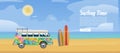 Surfing van on the sandy beach, surfboard, sea waves and clear sunny day vector illustration. Surf bus poster design for