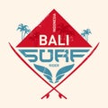 Surfing vintage lable with waves, palm and surfboards. Surf Vector illustration.