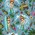 Surfing vintage seamless pattern