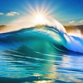 Surfing wave in Blue ocean crest Sea water with sun over blue sky background with Technology Royalty Free Stock Photo