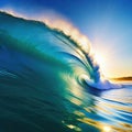 Surfing wave in Blue ocean crest Sea water with sun over blue sky background with Technology Royalty Free Stock Photo