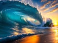 Surfing wave with crystal ocean water at sunrise