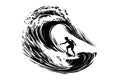 Surfing on a wave in the ocean. Surf rider on big waves. Surfer vector illustration design for t shirt print or club banner Royalty Free Stock Photo