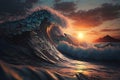 Surfing wave at sunset. 3D render of a beautiful ocean wave