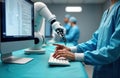 Surgeon controls robotic arm at computer. Medical tech team works together in sterile surgical environment. Expert operates robot
