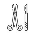 Surgeon cutting tools: line black icon. All-metal scalpel and scissors. Plastic and cosmetic surgery, operation. Pictogram for web
