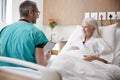 Surgeon With Digital Tablet Visiting And Talking With Mature Female Patient In Hospital Bed Royalty Free Stock Photo