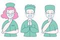 Surgeon, doctor and nurse in medical green clothes and virus protection products - mask. The doctor crossed his arms