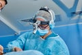 Surgeon and his assistant performing cosmetic surgery in hospital operating room. Surgeon in mask wearing loupes during Royalty Free Stock Photo