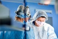 Surgeon and his assistant performing cosmetic surgery in hospital operating room. Surgeon in mask wearing loupes during Royalty Free Stock Photo