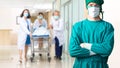 Surgeon man doctor we are mask and grove protection coronavirus.  Team Medical personnel and patients for discussion Royalty Free Stock Photo