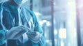 A surgeon medical doctor prepare to perform surgery in hospital operating room, with blurred background, healthcare and hospital